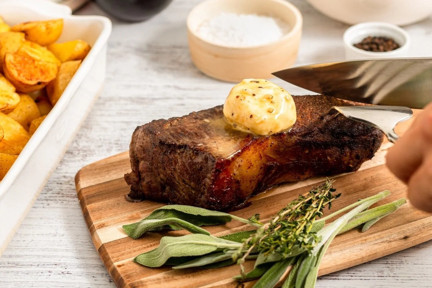 Strip or Ribeye Steak with Red Wine Shallot Butter