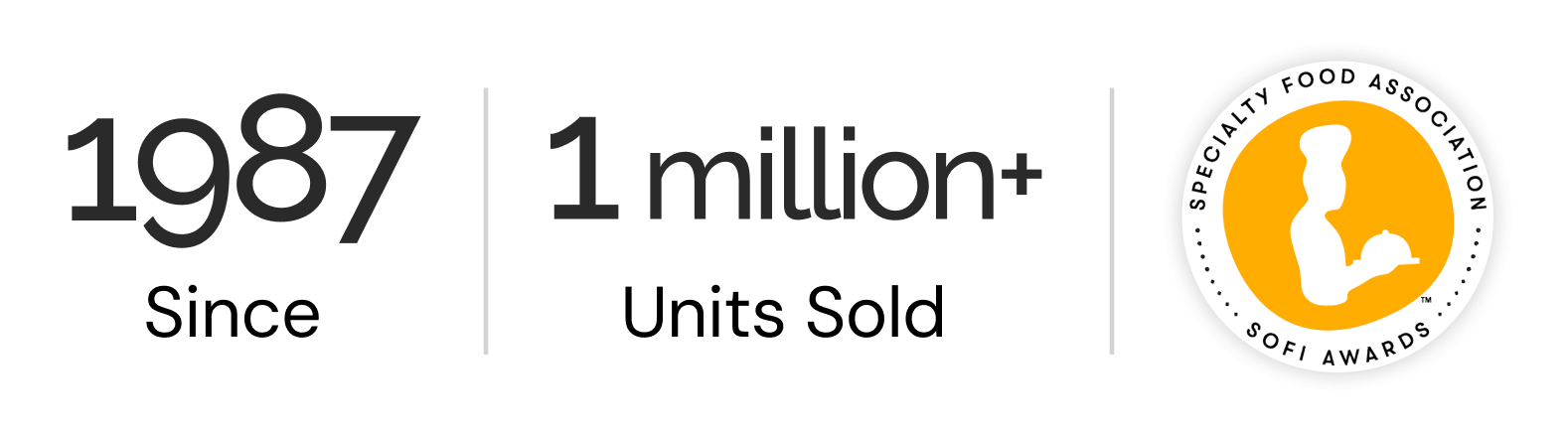 Since 1987, over 1 million units sold, Specialty Food Association sofi Award winner